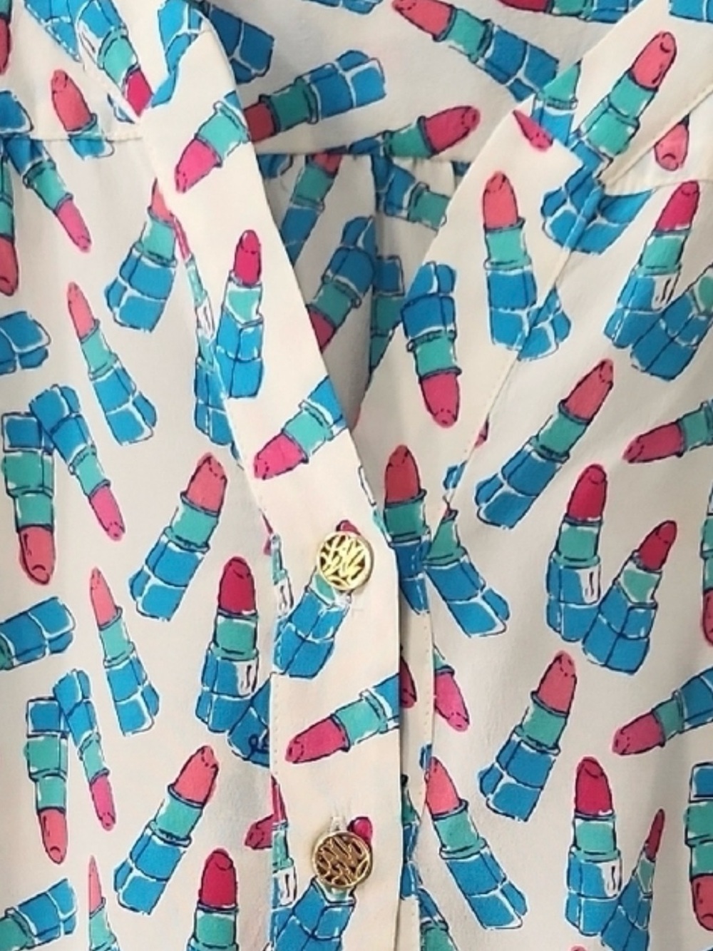 💄 VTG Lilly Pulitzer “kissy kiss”Lipstick Print silk blouse size large